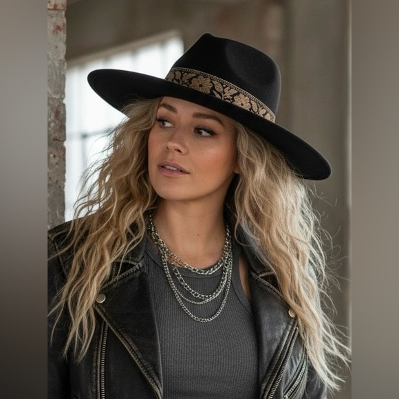 NWT Boho Western Fedora Felt Wide Brimmed Hat with Floral Band Black - Picture 2 of 5